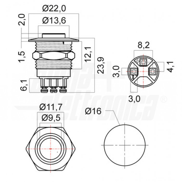 Pulsante antivandalo foro 16mm terminali a vite IP65 – Led ROSSO - immagine 3