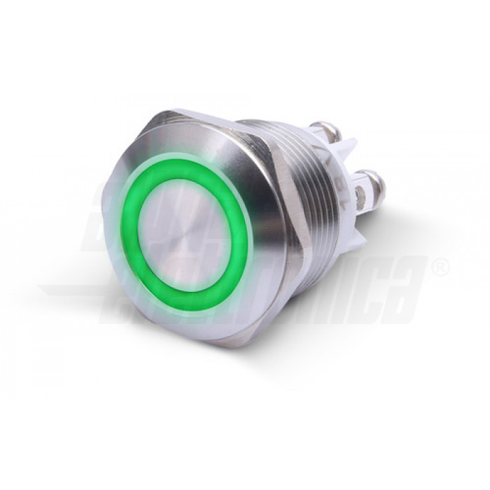 Pulsante antivandalo foro 19mm terminali a vite IP65 – Led VERDE (12V)