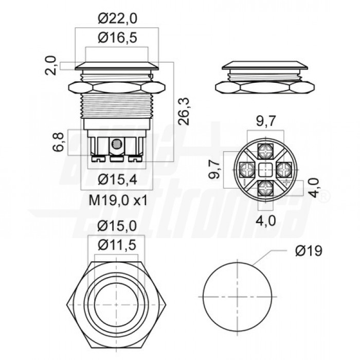 Pulsante antivandalo foro 19mm terminali a vite IP65 – Led GIALLO - immagine 3