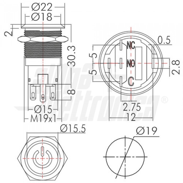 Interruttore antivandalo foro 19mm luminoso IP67 - Led ROSSO 24V - immagine 3