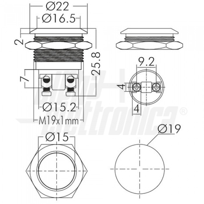 Pulsante antivandalo 1P OFF/(ON) N.A. 2 terminali a vite foro 19mm IP65 - immagine 3