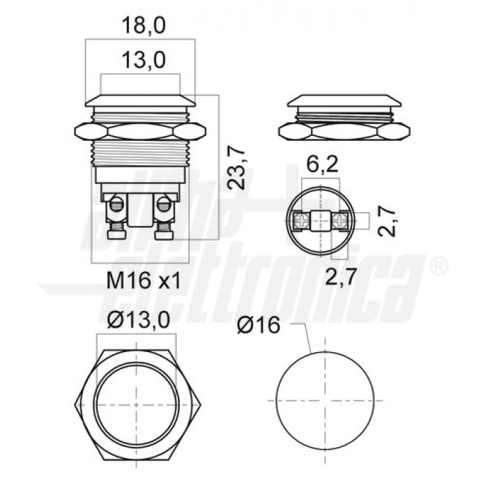 Pulsante antivandalo PIATTO diametro 16mm IP65 terminali a vite - immagine 3