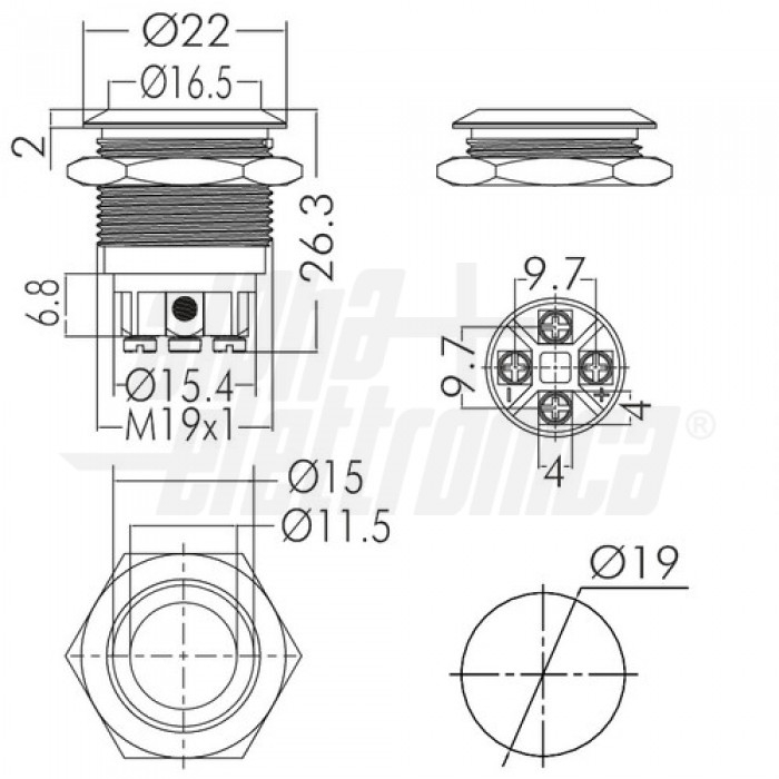 Pulsante antivandalo foro 19mm terminali a vite IP65 – Led ROSSO - immagine 3
