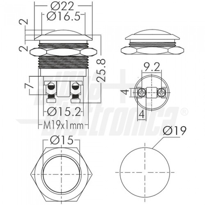 Pulsante antivandalo 1P OFF/(ON) N.A. 2 terminali a vire foro 19mm IP65 - immagine 3