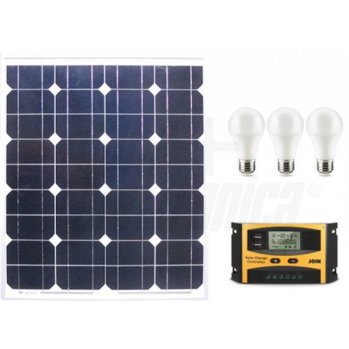 Kit fotovoltaico 50W 12V con regolatore e lampade led - Senza