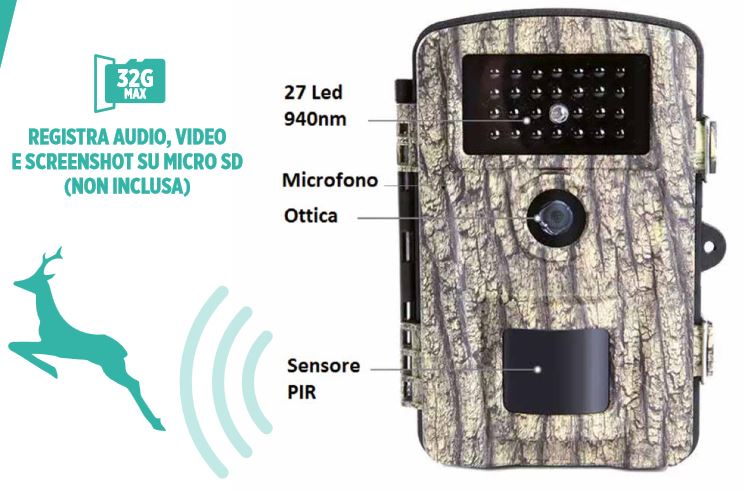 GreenEYE - Fototrappola mimetica FULL HD per esterni con sensore PIR - immagine 2