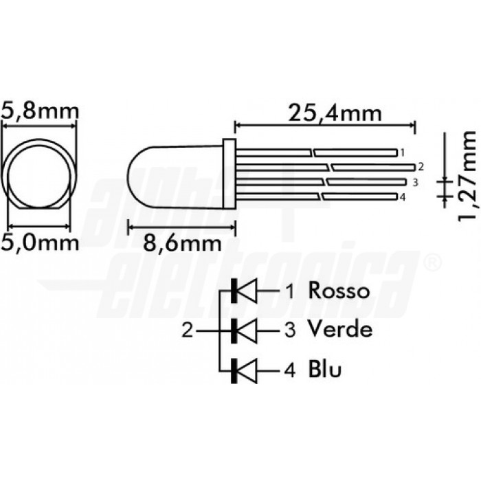 Diodo Led diametro 5mm - Lente diffusa - Rosso/Verde/Blu - 4 pin - immagine 2