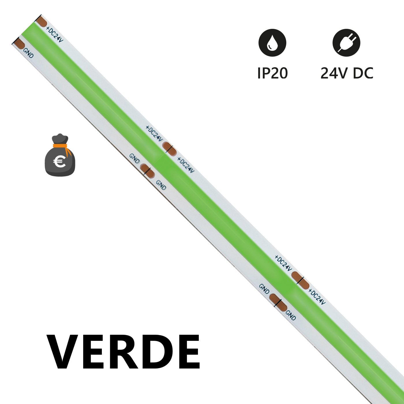 Striscia LED COB 24V 15W/m - IP 20 - VERDE