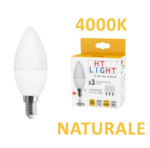 HT3705 Confezione 3pz Lampade Oliva LED 230V 5W E14 BIANCO NATURALE