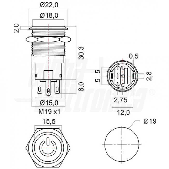 Interruttore antivandalo foro 19mm luminoso IP67 – Led BLU - immagine 4