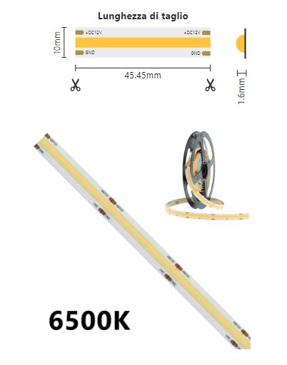 Striscia LED COB 12V IP20 5m 6500K 15W/m 1500lm/m - BIANCO FREDDO