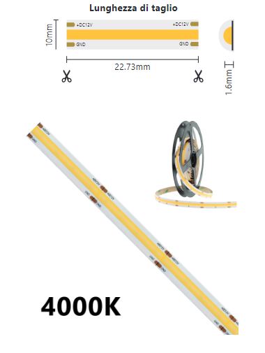 Striscia LED COB 12V IP65 5m 4000K 15W/m 1400lm/m - BIANCO NATURALE