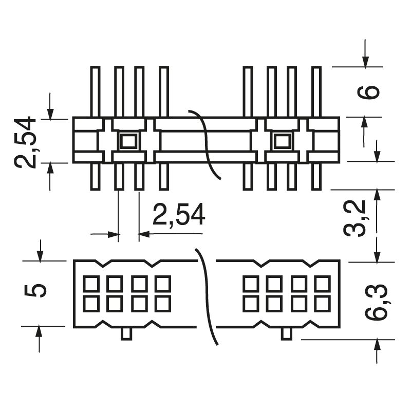 Connettore STRIP LINE 40+40 poli fila doppia terminali dritti passo 2,54 - immagine 2