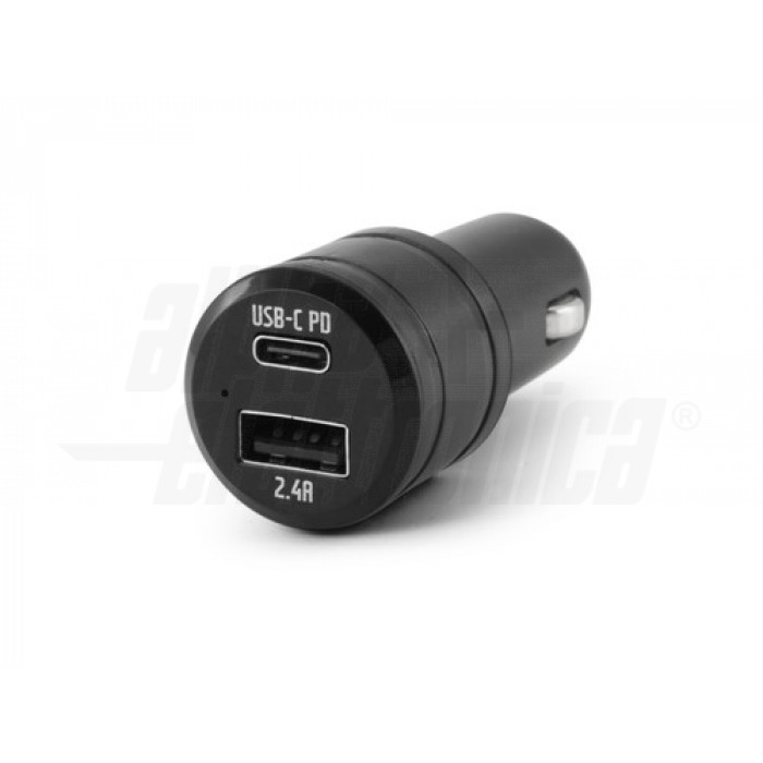 Caricatore USB da auto 30W Power Delivery 2 porte 1xtipo C PD 1x5V 2.4A