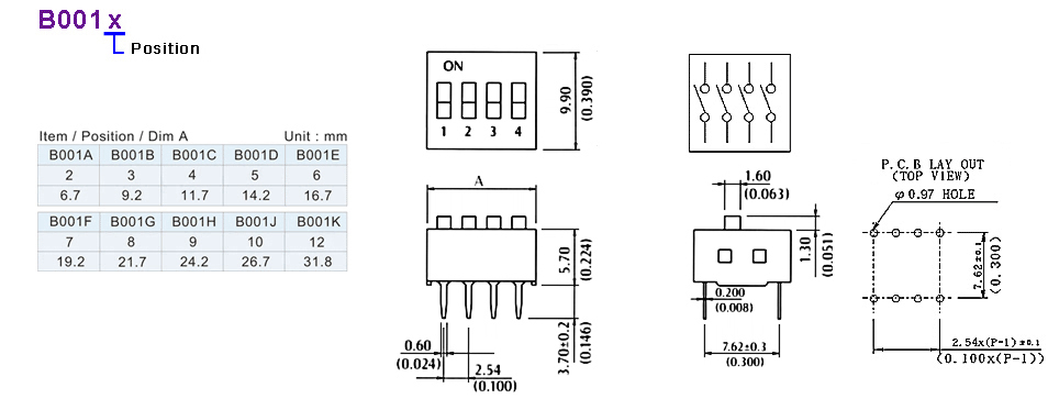 Interruttore DIP SWITCH 7 posizioni ON-OFF da circuito stampato 2.54mm - immagine 2