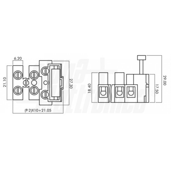 Morsetto passante 0,5-2,5mmq 22-14AWG 3P con porta fusibile 5x20mm - immagine 2