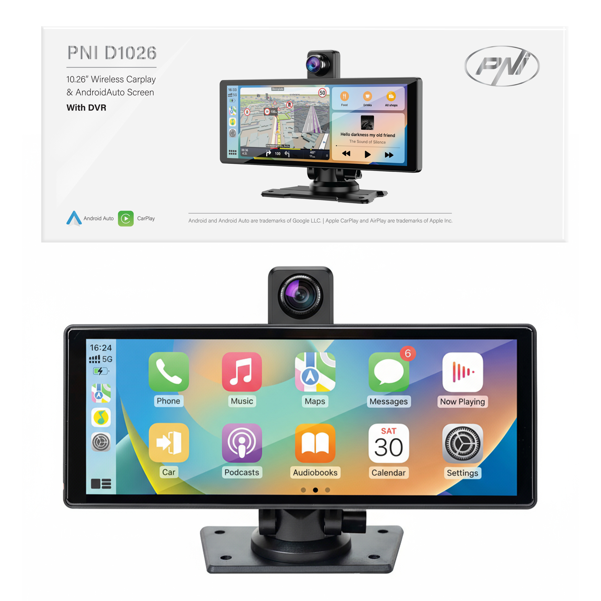 Monitor per auto 10,26" CarPlay wireless, navigazione, musica, vivavoce
