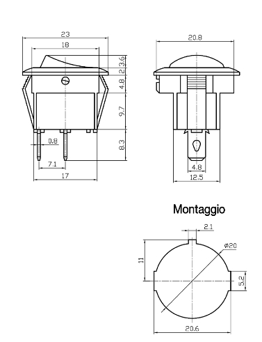 Interruttore a bascula unipolare BIANCO ON-OFF  foro fissaggio 20.5mm - immagine 2